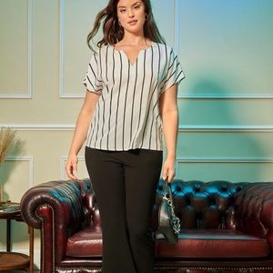 Shein Plus Striped Notched Neck Blouse